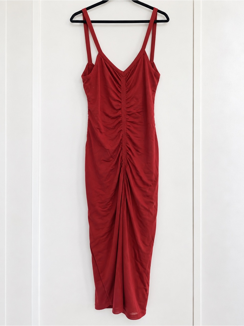 SHEIN Red Ruched V-Neck Midi Dress with Double Spaghetti Straps